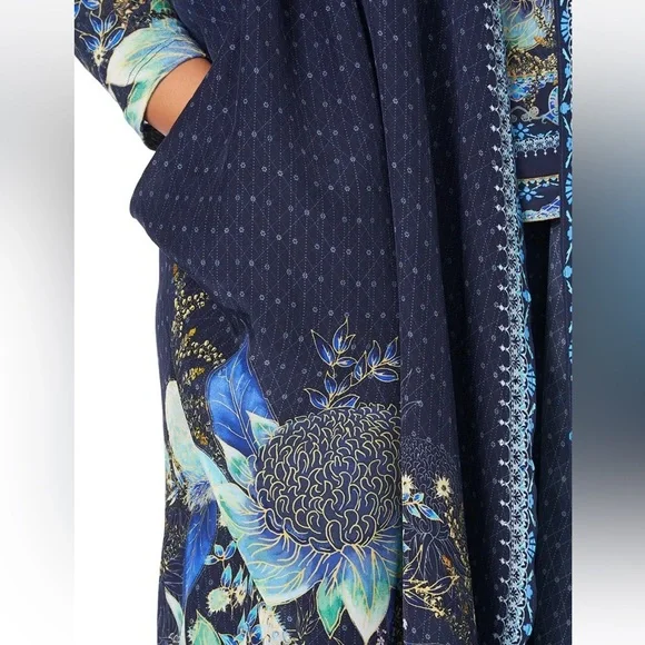 CAMILLA *Natures Nectar* blue floral silk boho long casual jacket w pockets S/M
